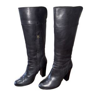 Halogen Black Leather Knee High Boots Block Heel Zip Almond Toe Classic Women 8M